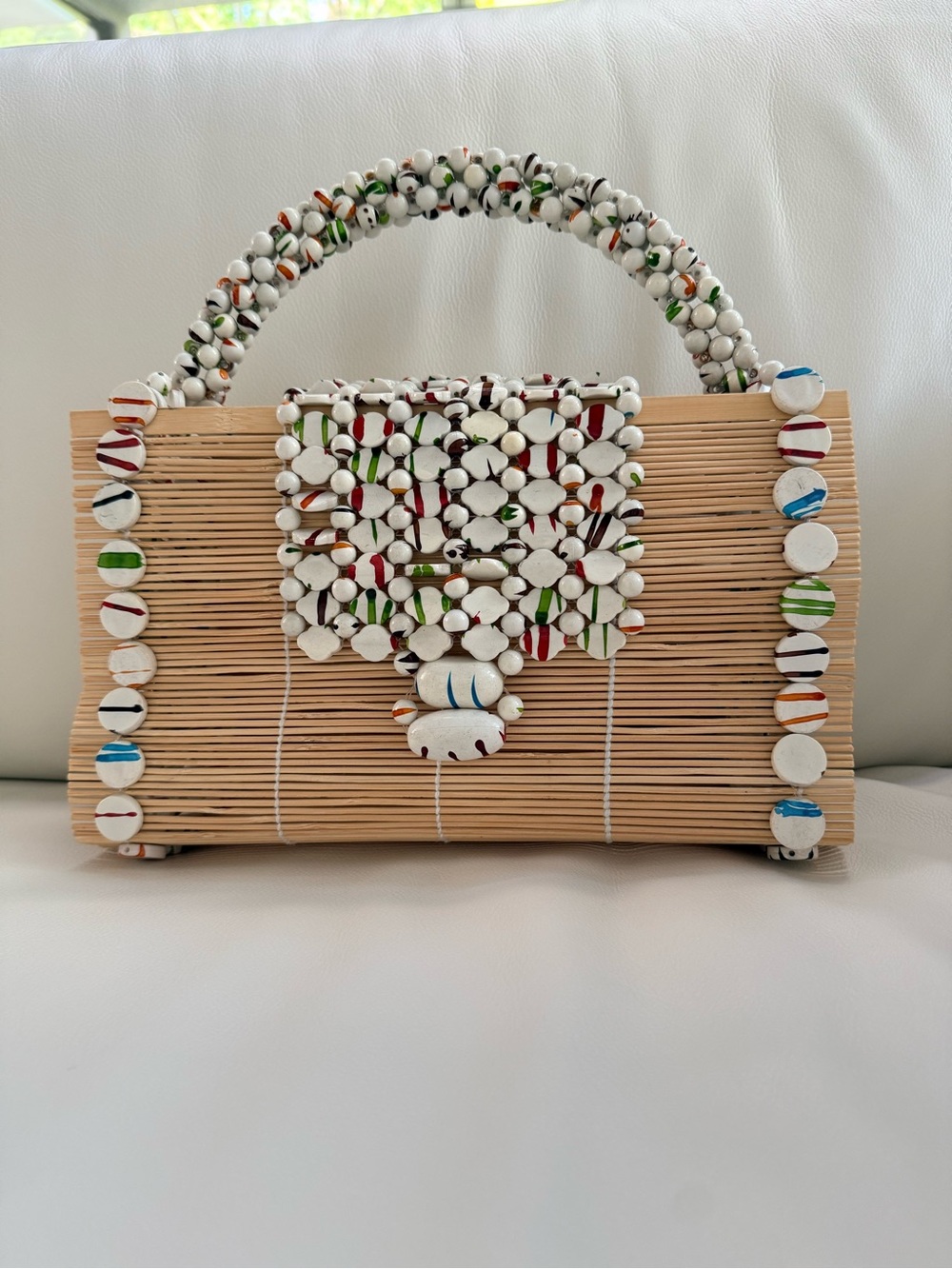 Hand Crafted Beaded Bamboo Top-Handle Bag - White Accent